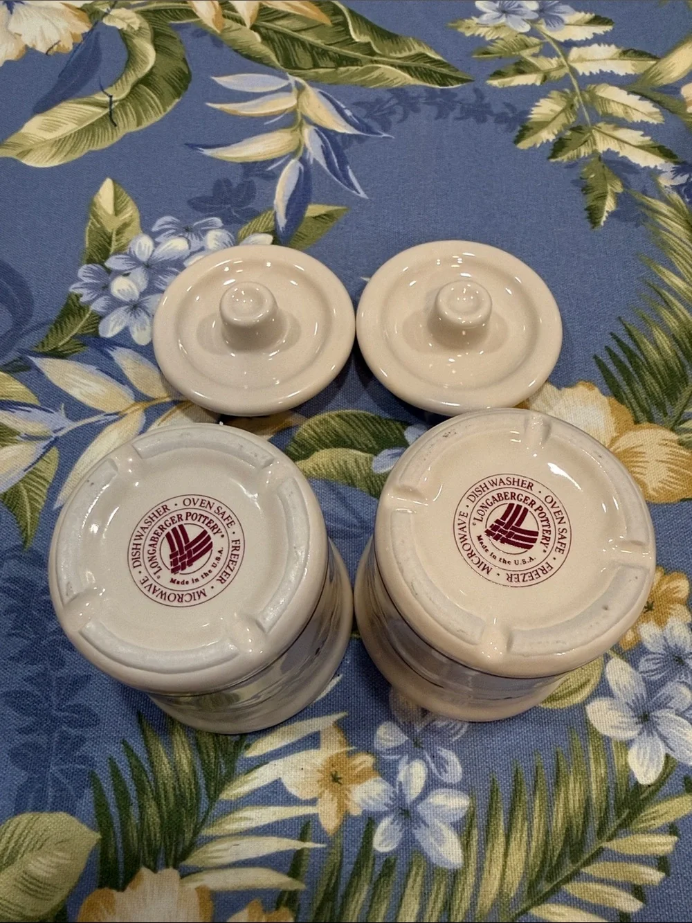 Longaberger Cream Ceramic Canister Pair with Maroon Trim